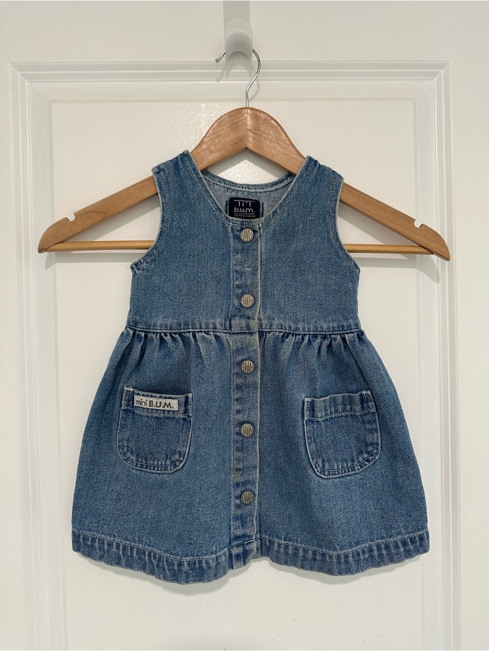 Vintage B.U.M. Equipment Denim Snap Front Medium Blue Baby Dress Size 18m